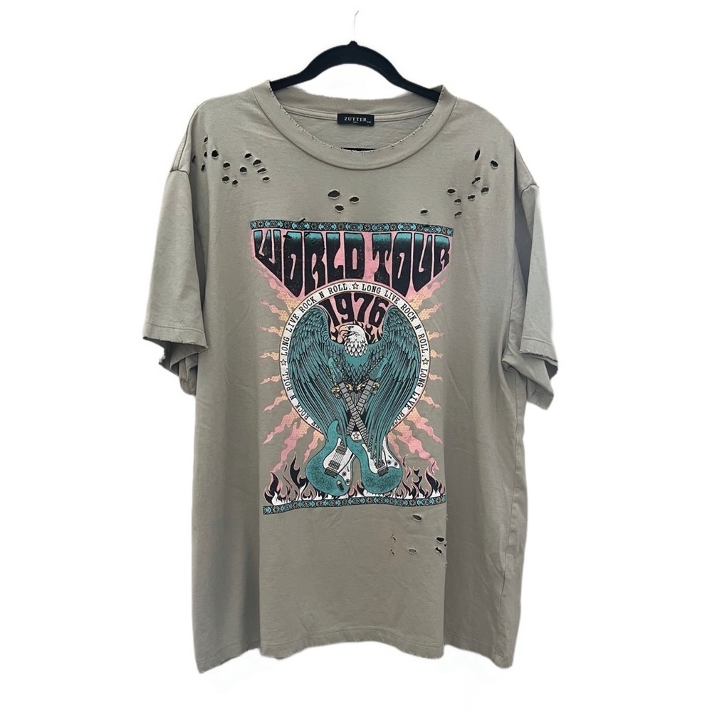Oversized Distressed Graphic Tee - Beige, Teal & Pink Print
